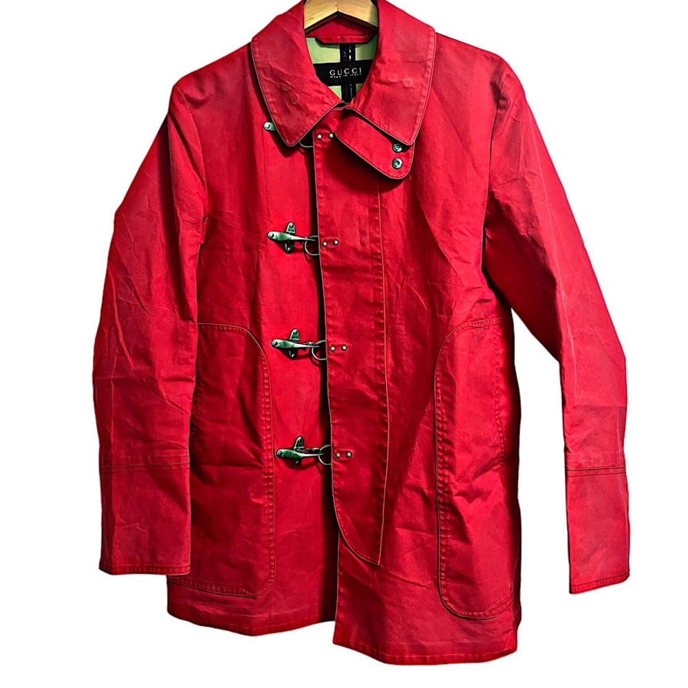 Authentic Gucci 10 FW Frida Giannini Red Coated Canvas Fireman Style Jacket